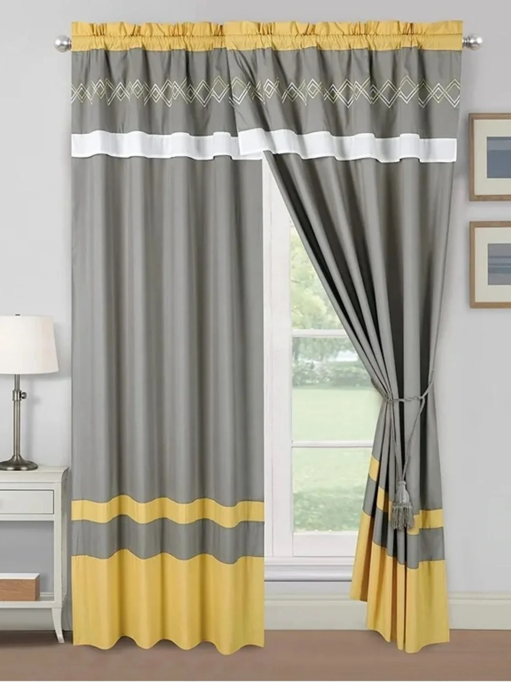 Gray and Yellow Window Curtain Panel set -